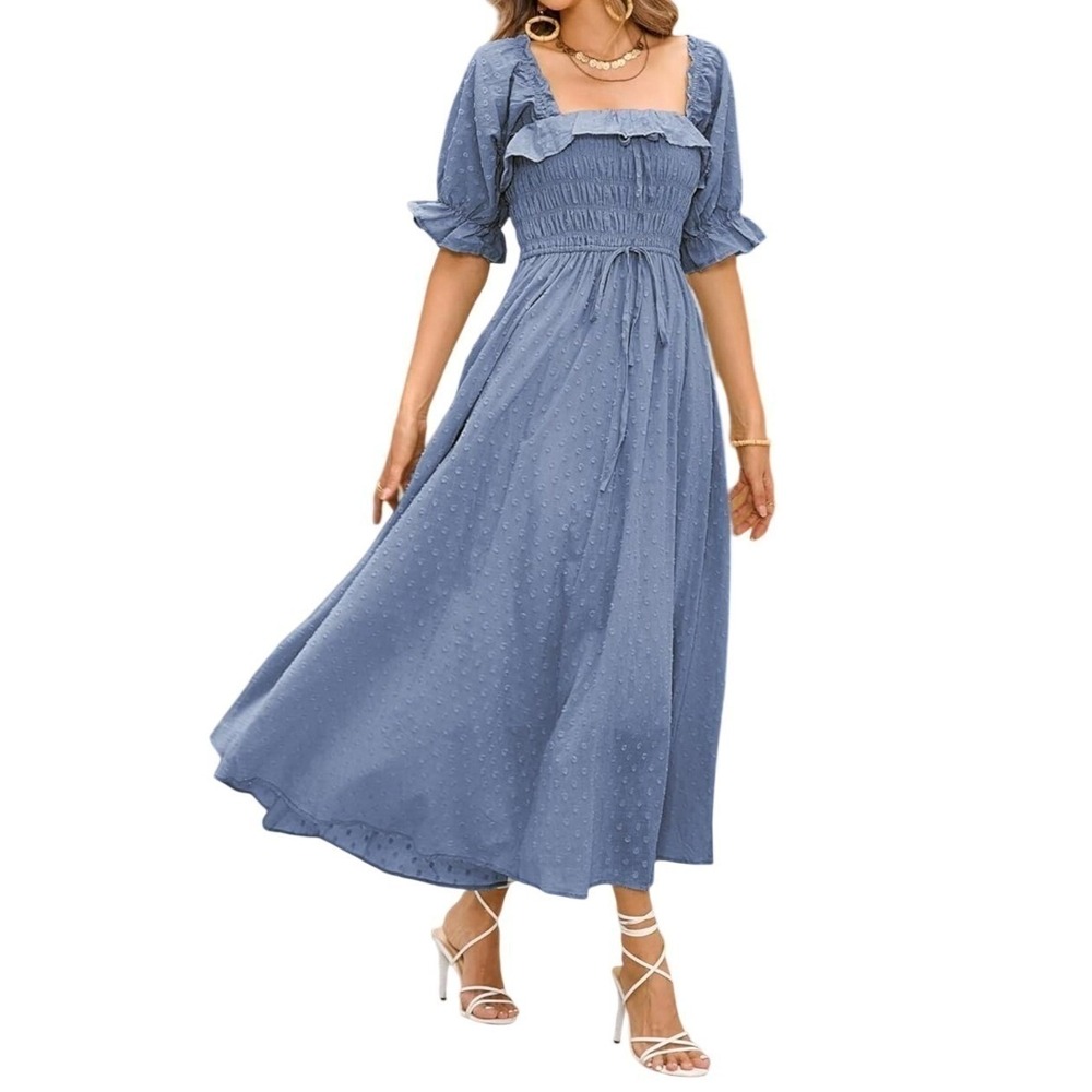 R.VIVIMOS Swiss Dot Cotton Midi Dress Blue Smocked‎ Medium Milkmaid Prairie Boho
